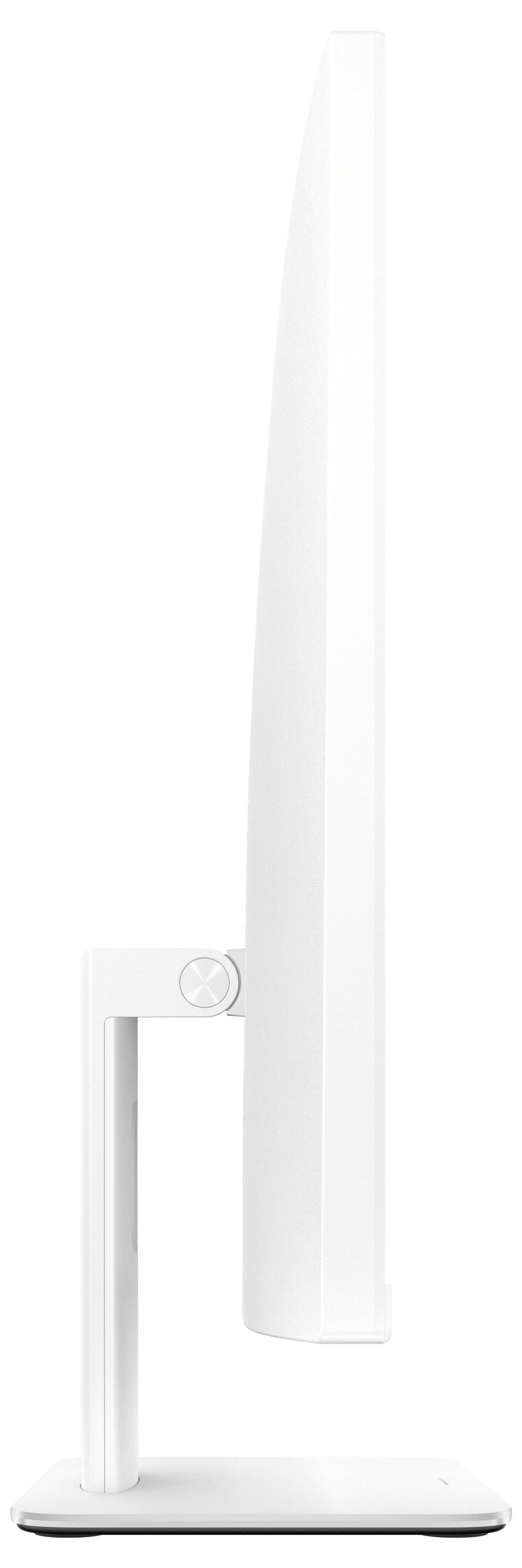 Ein schlanker, vertikal ausgerichteter weißer Monitor, von der Seite betrachtet, der sein dünnes Design und seinen schlichten Ständer hervorhebt.