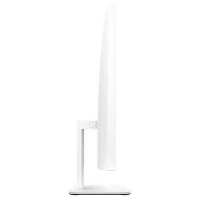 Ein schlanker, vertikal ausgerichteter weißer Monitor, von der Seite betrachtet, der sein dünnes Design und seinen schlichten Ständer hervorhebt.