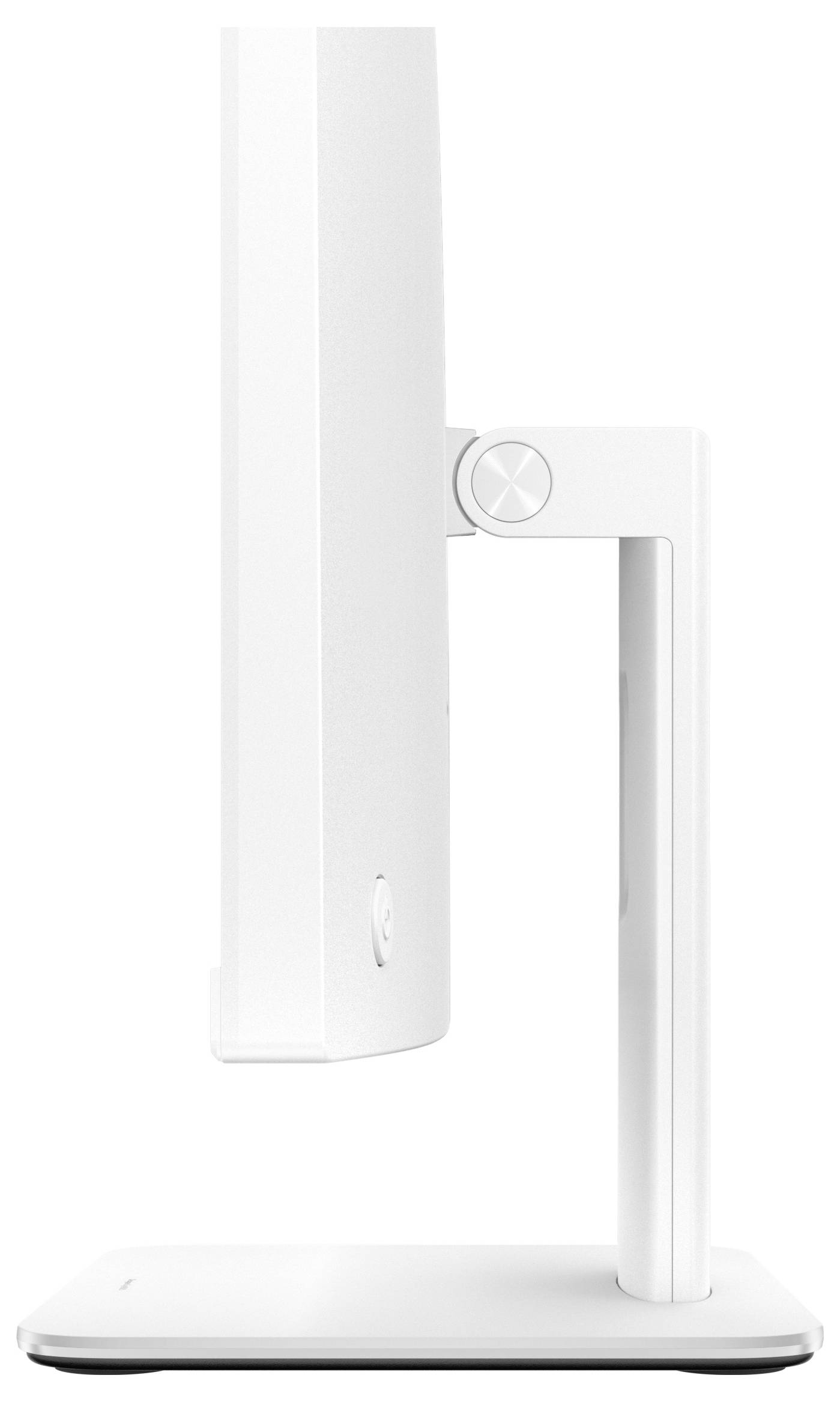 Ein weißer Computermonitor, der in Seitenansicht auf einem Ständer gezeigt wird und dabei sein schlankes Design und seine vertikalen Ausrichtungsmöglichkeiten demonstriert.