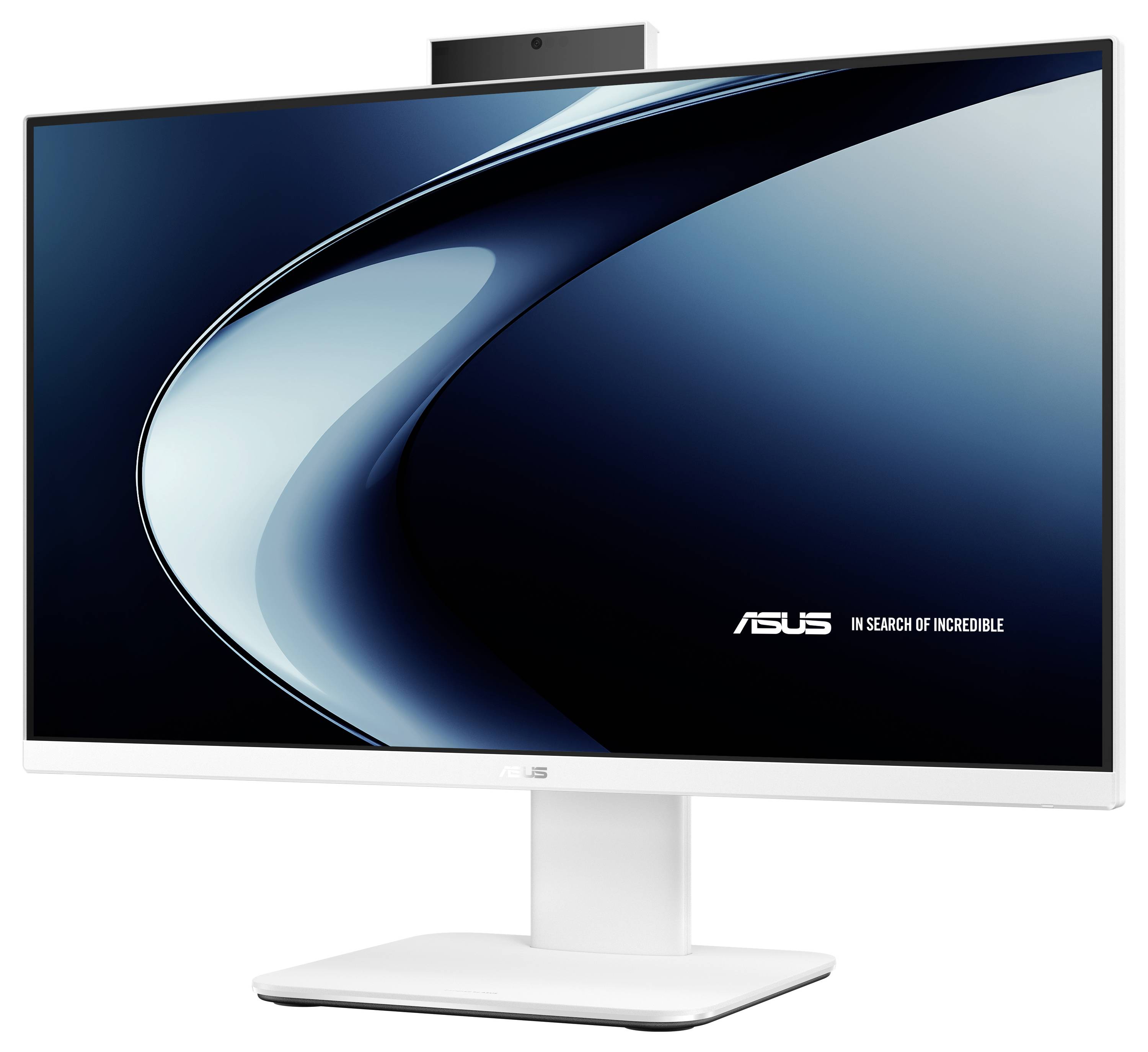Ein schlanker Computermonitor mit dünnem Rahmen, der ein dynamisches blaues Kurvendesign zeigt. Das 'ASUS' Logo erscheint in der unteren rechten Ecke.