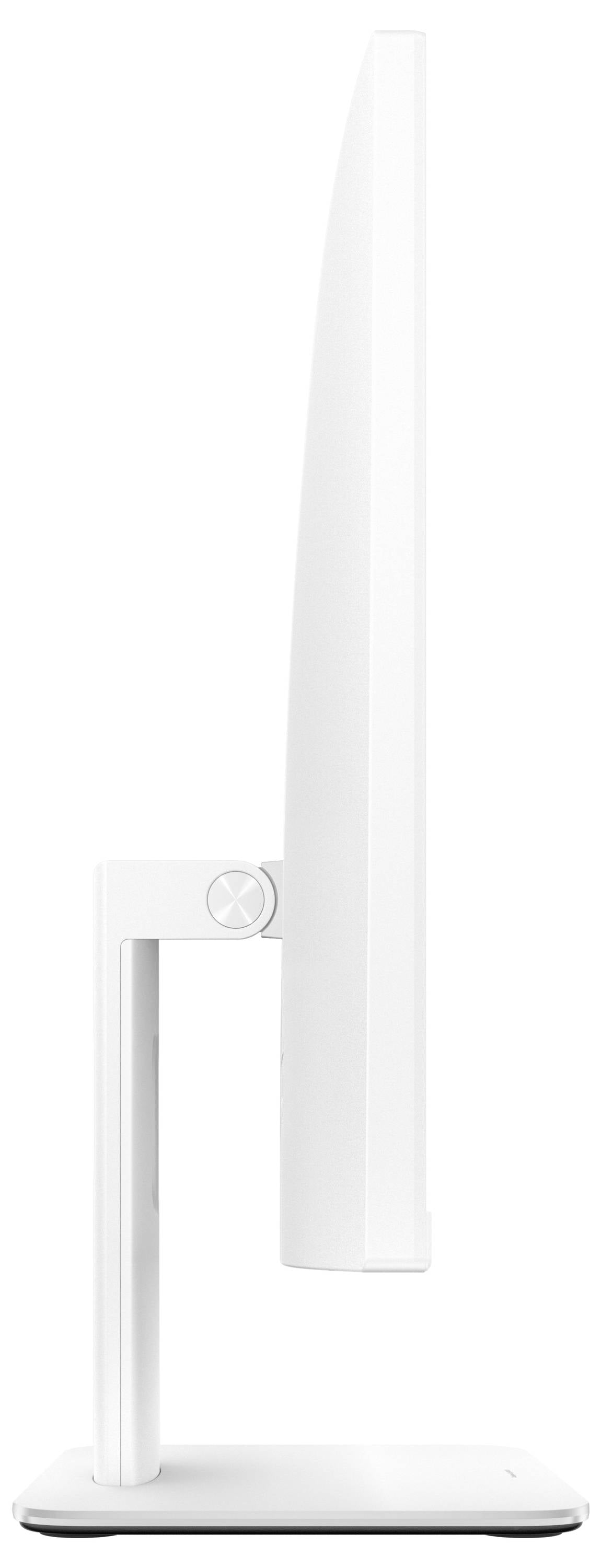 Seitenansicht eines schlanken, weißen Computermonitors auf einem Ständer, der sein elegantes Design und seinen minimalen Platzbedarf hervorhebt.