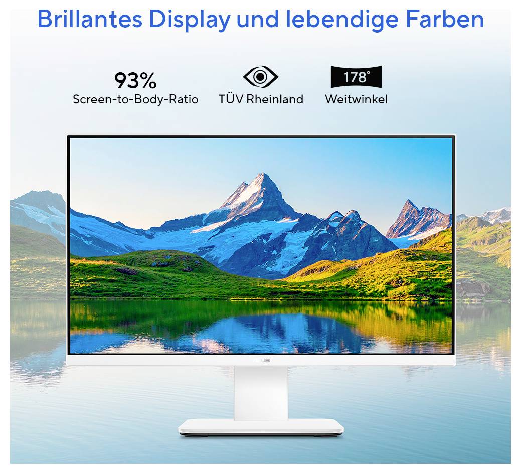 Monitor mit 93% Bildschirm-zu-Gehäuse-Verhältnis, TÜV-Rheinland-Zertifizierung und 178° breitem Sichtwinkel. Hintergrund zeigt lebendige Berglandschaft.