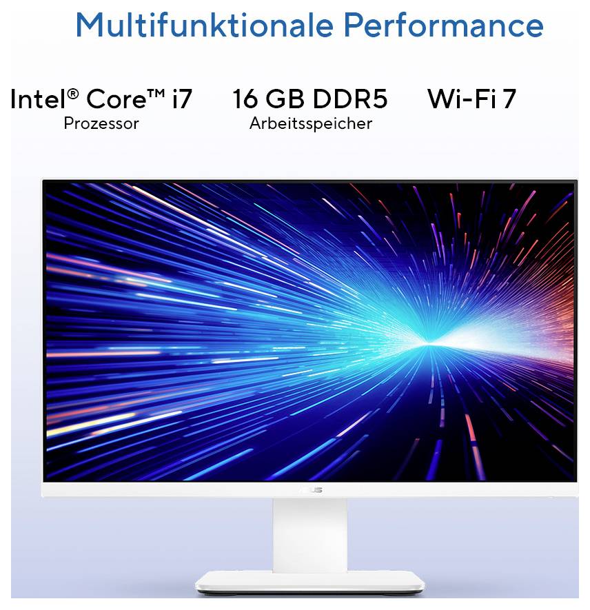 Ein Computermonitor, der eine dynamische Lichtburst-Grafik zeigt. Text oben liest sich "Multifunktionale Performance" und hebt folgende Merkmale hervor: Intel Core i7, 16 GB DDR5 und Wi-Fi 7.