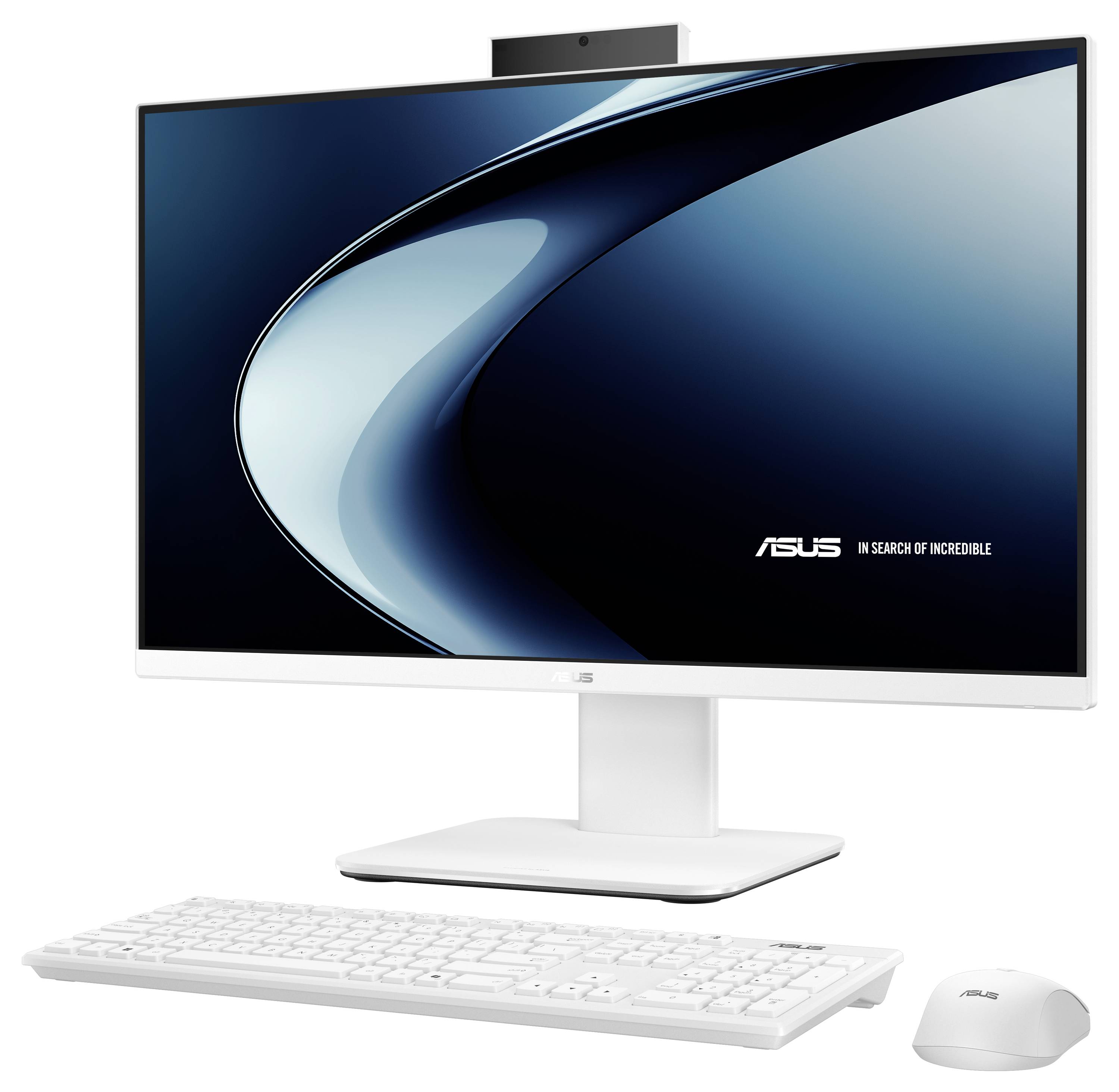Ein schlankes weißes Computer-Setup mit einem Monitor, auf dem das ASUS-Logo und der Schriftzug „Auf der Suche nach dem Unglaublichen" zu sehen sind, begleitet von einer Tastatur und einer Maus.