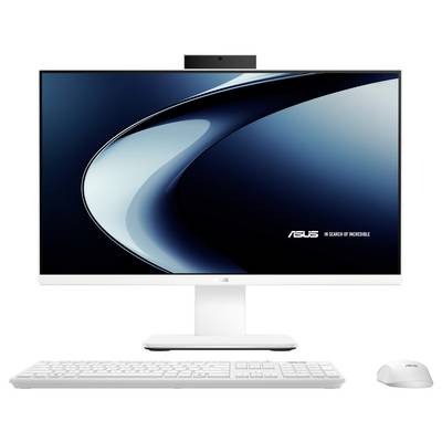 Ein schlanker All-in-One-Computer mit einem großen Bildschirm, weißer Tastatur und Maus. Der Bildschirm zeigt einen blauen und grauen abstrakten Hintergrund.