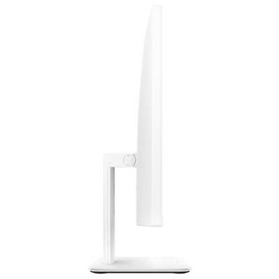 Seitenansicht eines modernen, schlanken weißen Computermonitors mit einem vertikalen Ständer, der sein elegantes Design präsentiert.