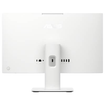 Ein weißer Computermonitor, von hinten betrachtet, mit Anschlüssen und einem Ständer.