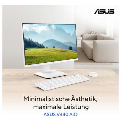 Ein schlanker, weißer ASUS V440 All-in-One-Computer auf einem Schreibtisch, der eine ruhige Landschaft zeigt. Text lautet: 'Minimalistische Ästhetik, maximale Leistung'.