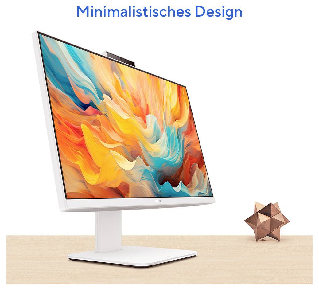 Ein moderner Computermonitor mit einer abstrakten, farbenfrohen Anzeige auf einem Holzschreibtisch. Text oben liest sich "Minimalistisches Design".