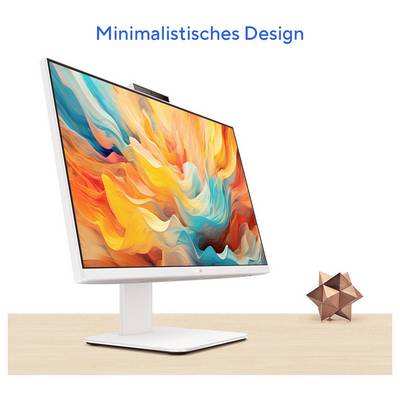 Ein moderner Computermonitor mit einer abstrakten, farbenfrohen Anzeige auf einem Holzschreibtisch. Text oben liest sich "Minimalistisches Design".