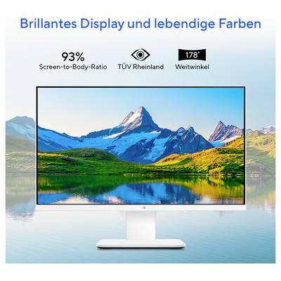 Ein Monitor, der eine lebendige Landschaft mit Bergen und einem See zeigt. Merkmale umfassen ‚93% Bildschirm-zu-Gehäuse-Verhältnis', ‚TÜV Rheinland', ‚178° Weitwinkel'.