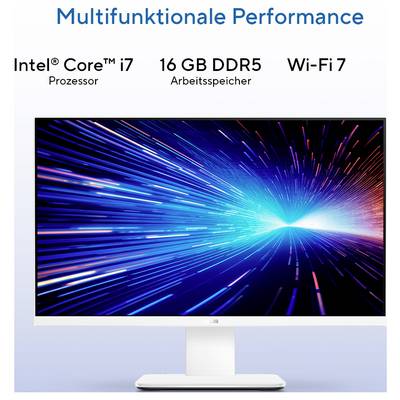 Ein Computermonitor zeigt einen dynamischen, farbenfrohen Lichtblitz mit Text darüber: 'Multifunktionale Performance', mit den Angaben 'Intel Core i7 Prozessor', '16 GB DDR5 Arbeitsspeicher' und 'Wi-Fi 7'.