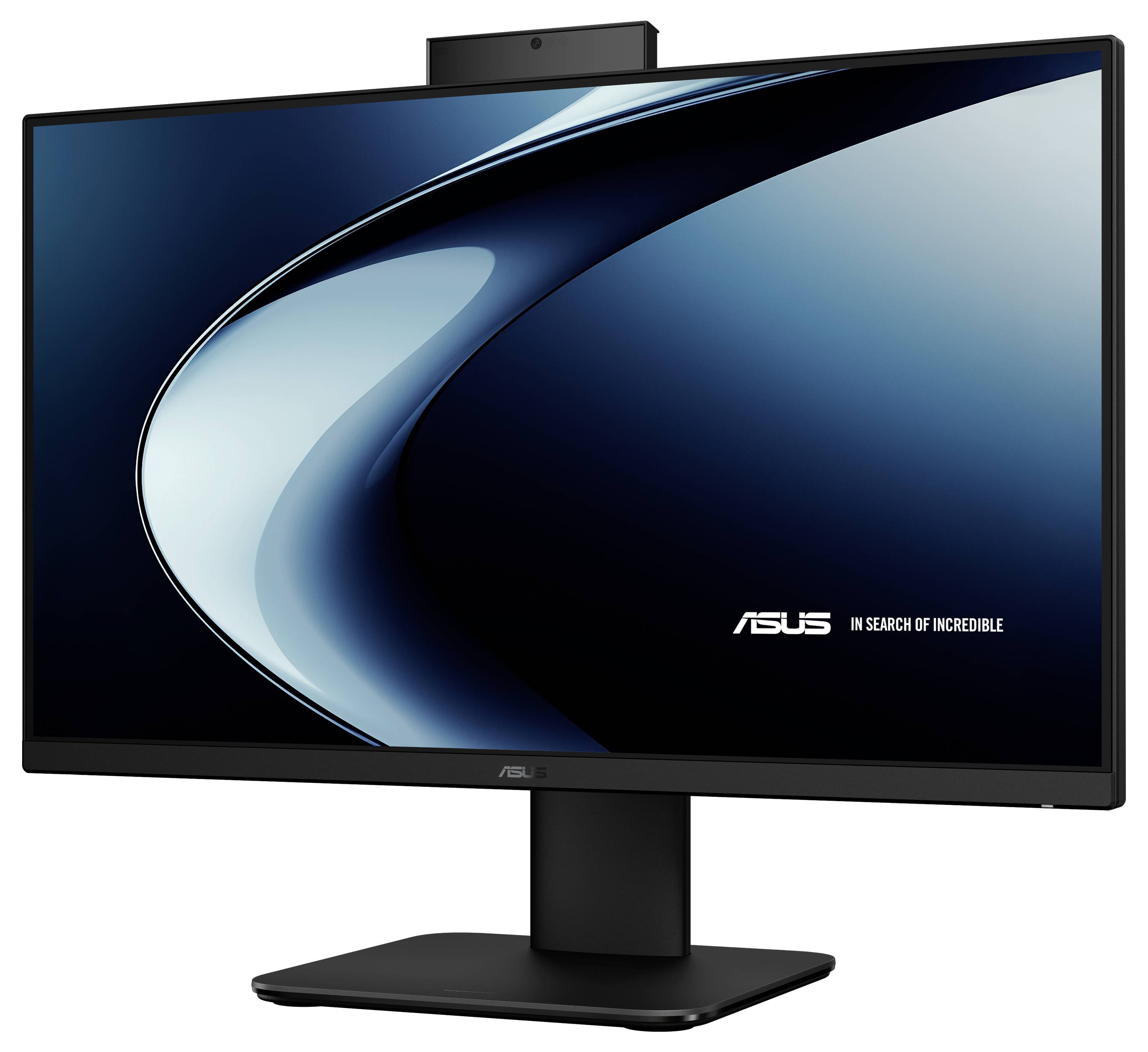 Ein schwarzer ASUS-Computermonitor, der einen blau-weißen abstrakten Wirbel zeigt, mit dem Text "Auf der Suche nach dem Unglaublichen" in der unteren rechten Ecke.