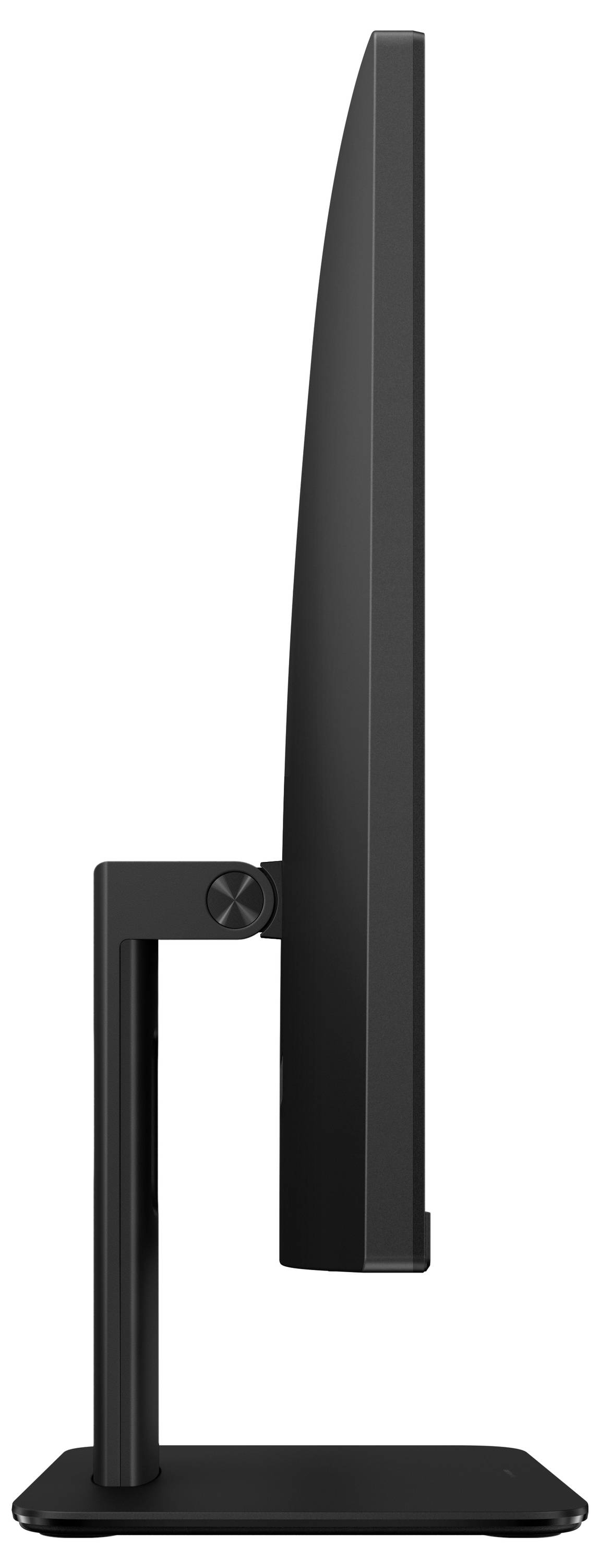 Seitenansicht eines schlanken schwarzen Computermonitors auf einem Ständer, der sein dünnes Design präsentiert.