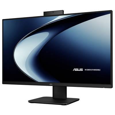 Ein schlanker schwarzer ASUS-Computermonitor mit einer dynamischen blauen Kurve auf dem Bildschirm und dem Text ‚ASUS Auf der Suche nach dem Unglaublichen' auf der rechten Seite.