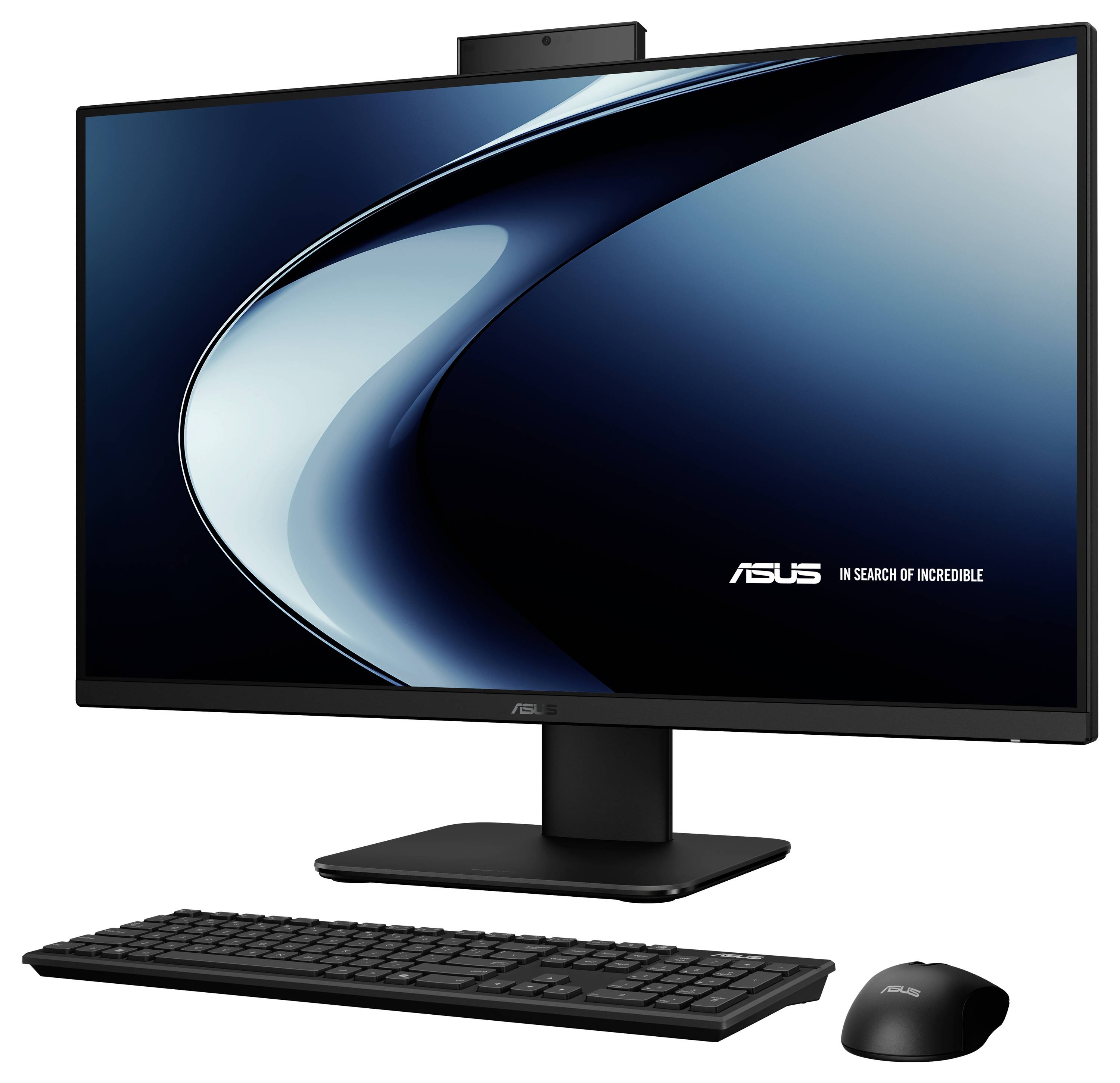 Ein schlanker Desktop-Computer mit einem Breitbildmonitor, der einen blauen abstrakten Hintergrund und den Slogan "Asus: Auf der Suche nach dem Unglaublichen" zeigt.