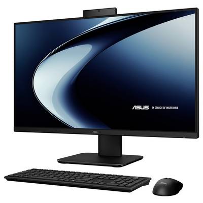 Ein schlanker Desktop-Computer mit einem Breitbildmonitor, der einen blauen abstrakten Hintergrund und den Slogan "Asus: Auf der Suche nach dem Unglaublichen" zeigt.