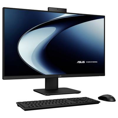 Ein Desktop-Computer mit einem großen Monitor, auf dem das Asus-Logo angezeigt wird, schwarzer Tastatur und Maus. Geeignet für Büro oder Heimgebrauch.