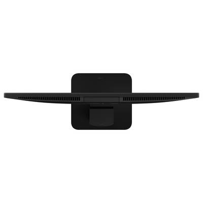 Draufsicht eines schlanken, schwarzen Monitors, der sein gekrümmtes Design und seine Belüftung zeigt.