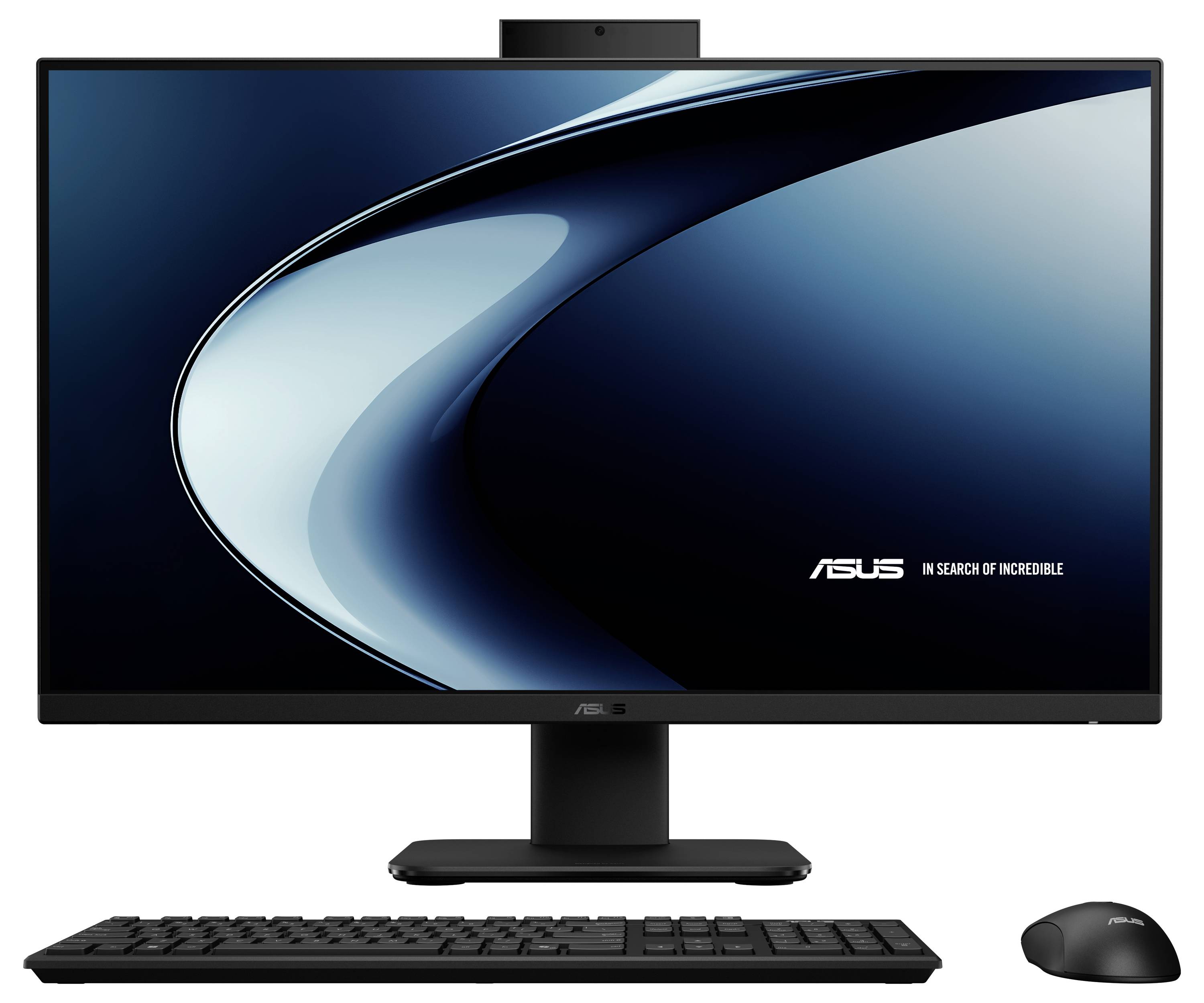 Eine Desktop-Computereinrichtung mit einem Breitbildmonitor, der ein schlankes, abstraktes blaues Design zeigt. ASUS-Branding ist auf dem Bildschirm und der Tastatur sichtbar.