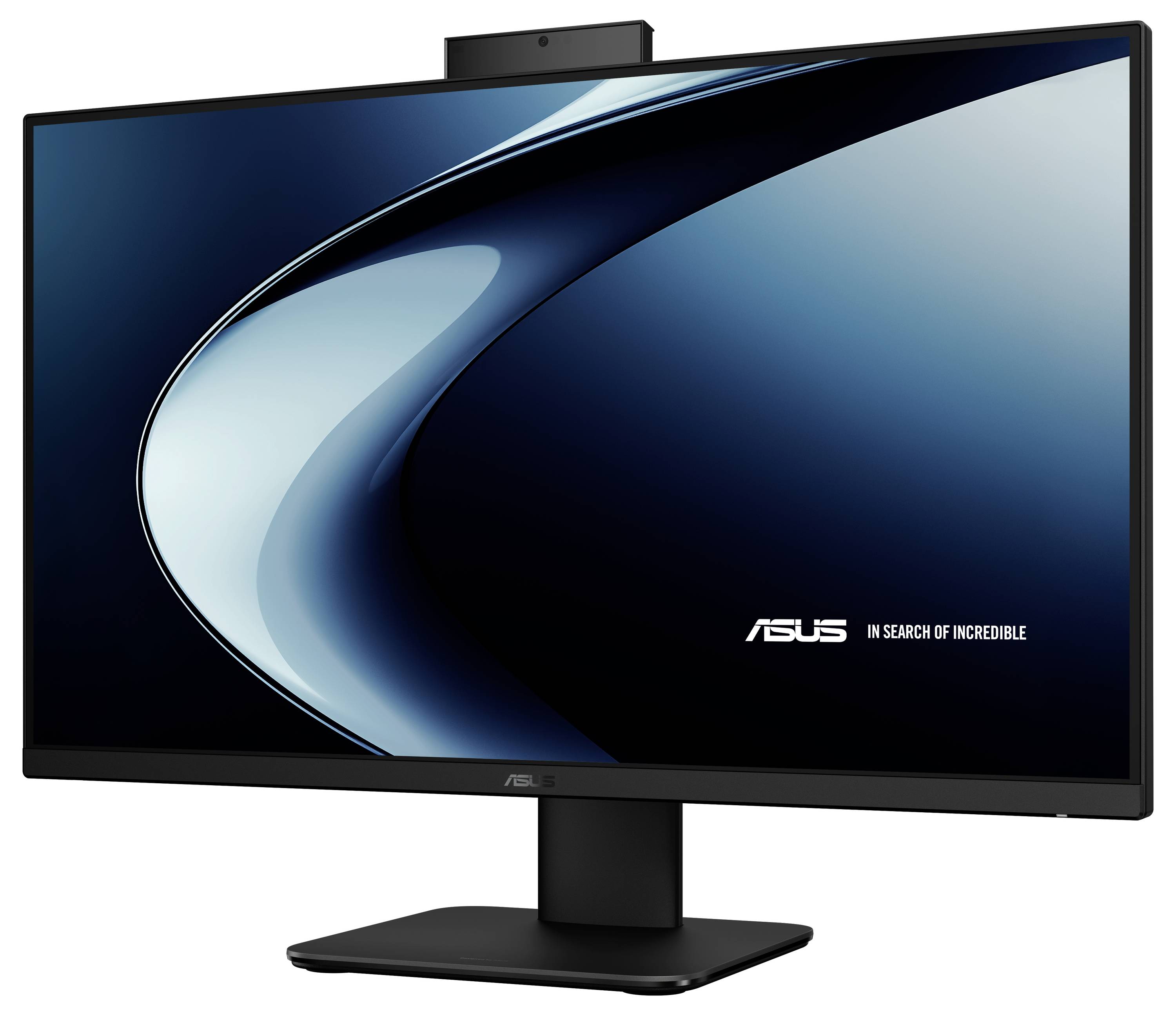 Ein Widescreen-ASUS-Monitor mit einem schlanken, minimalistischen Design auf einem Ständer, der das ASUS-Logo und den Slogan "Auf der Suche nach dem Unglaublichen" zeigt.