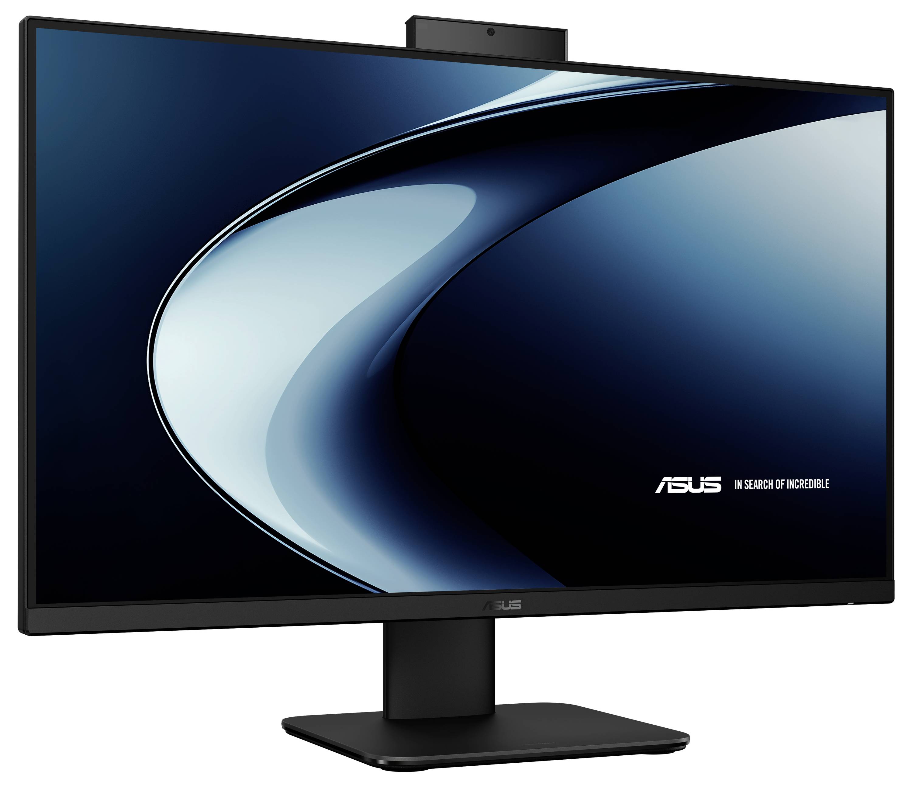 Ein schwarzer ASUS-Monitor mit dünnem Rahmen, der ein gewelltes abstraktes Blau- und Schwarzdesign zeigt. Das ASUS-Logo und der Slogan sind sichtbar.