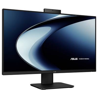 Ein schwarzer ASUS-Monitor mit dünnem Rahmen, der ein gewelltes abstraktes Blau- und Schwarzdesign zeigt. Das ASUS-Logo und der Slogan sind sichtbar.