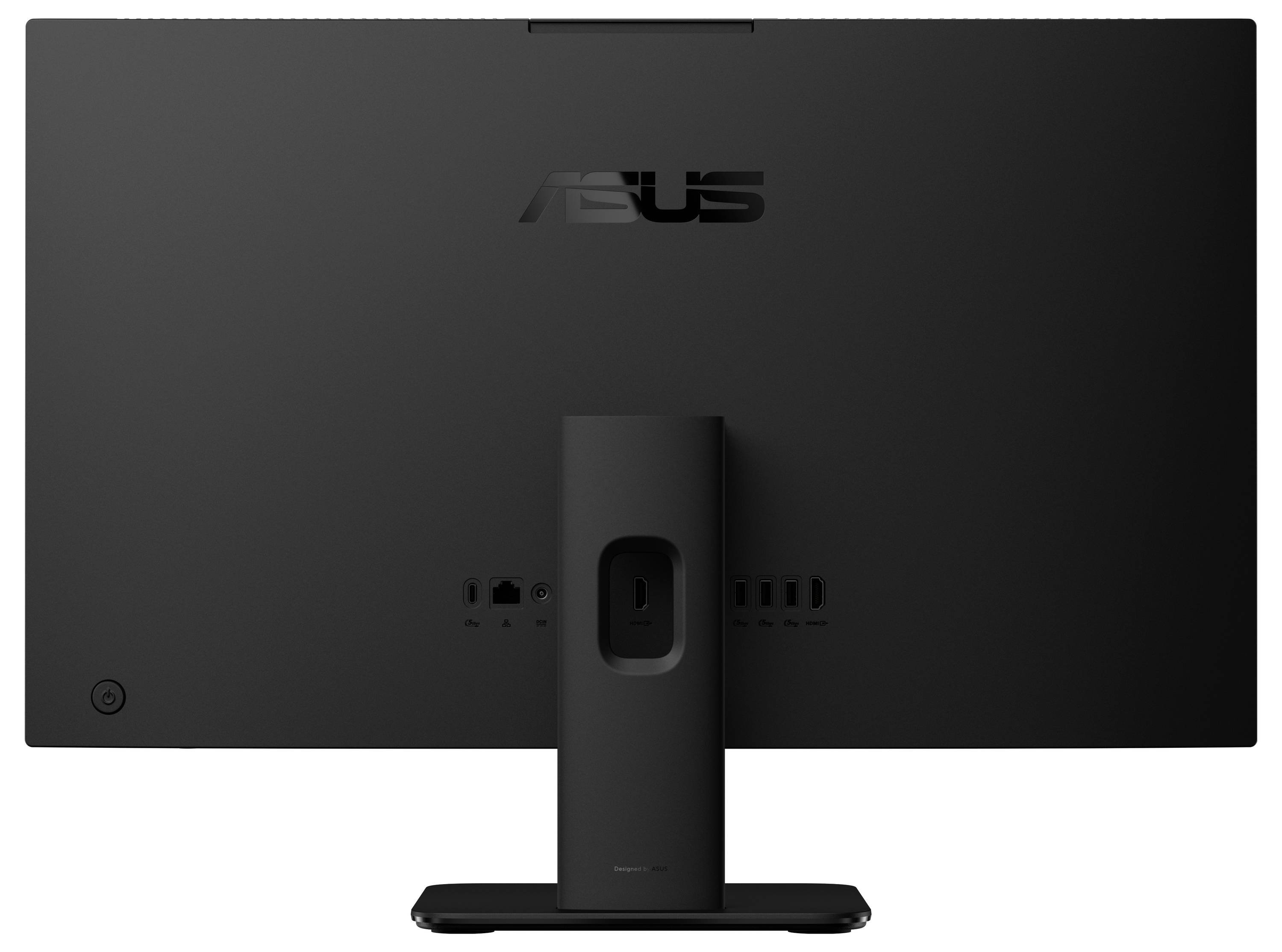 Ein schwarzer ASUS-Computermonitor, von hinten gesehen, mit verschiedenen Anschlüssen und einem Ständer.