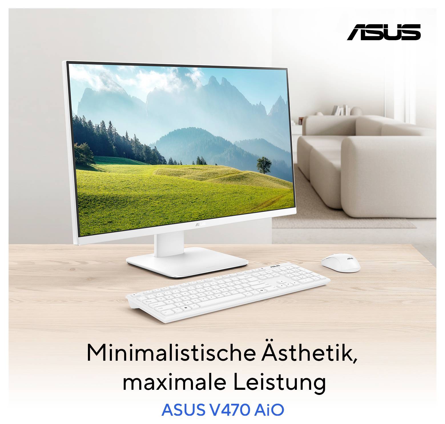 Ein schlanker, moderner Asus-Desktop-Computer auf einem Holzschreibtisch zeigt eine malerische Landschaftsansicht auf dem Bildschirm. Der Text lautet: 'Minimalistische Ästhetik, maximale Leistung. ASUS V470 AiO'.