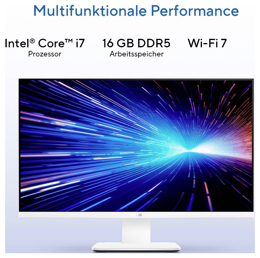 Ein Computermonitor, der einen dynamischen, farbenfrohen Lichtburst-Effekt zeigt. Text darüber liest sich 'Multifunktionale Performance', mit Hervorhebungen auf 'Intel Core i7 Prozessor', '16 GB DDR5 Arbeitsspeicher' und 'Wi-Fi 7'.