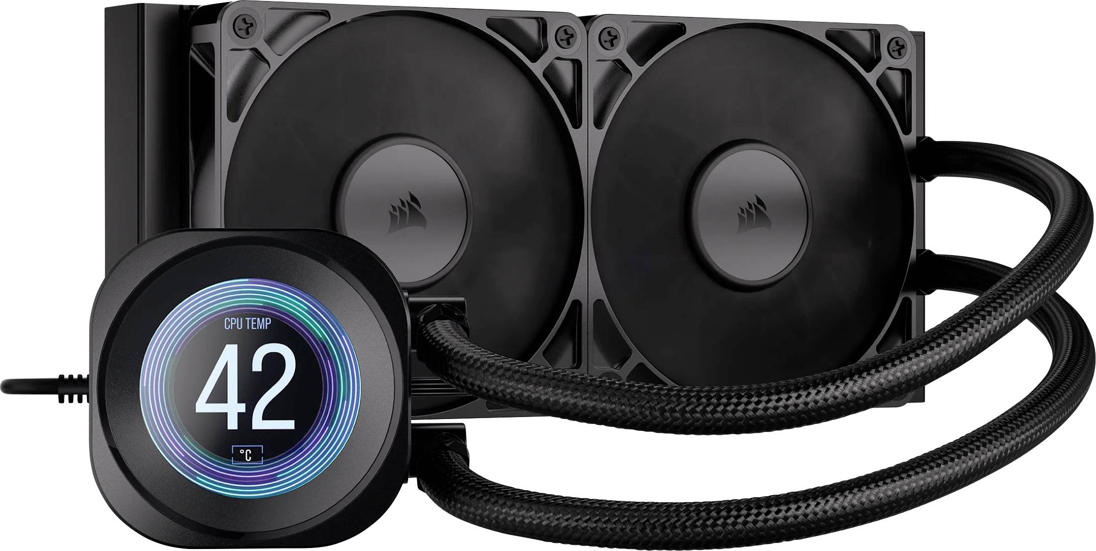 Dualer CPU-Flüssigkeitskühler mit LED-Display, das 'CPU TEMP 42°C' anzeigt. Schwarzer Kühler und Lüfter, die durch geflochtene Schläuche miteinander verbunden sind.