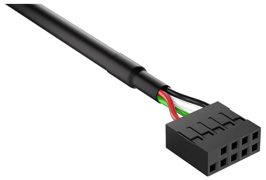 Achtstift-Steckverbinder mit schwarzem Gehäuse und mehrfarbigen Leitungen (rot, grün, weiß, schwarz), die aus dem Kabel herausragen.