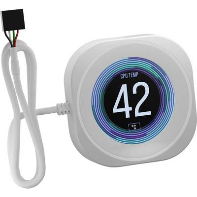 Digitales Thermometer, das 'CPU-TEMP 42°C' anzeigt, mit einem angeschlossenen Kabel, was die aktuelle Temperatur des Computerprozessors zeigt.