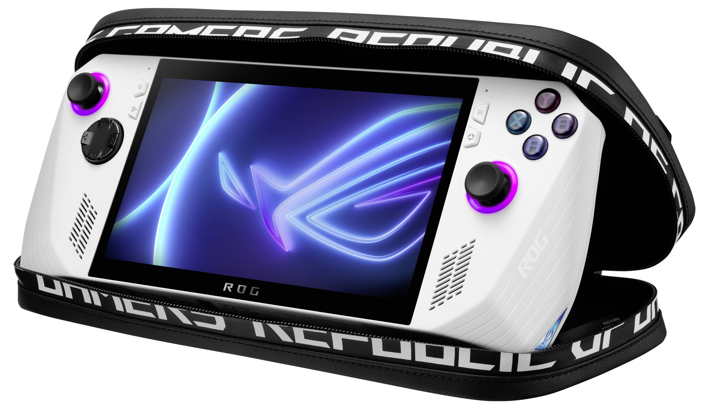 Ein Handheld-Spielgerät mit schlankem weißem Design, zwei Steuerknüppeln und Schultertasten. Es zeigt ein leuchtendes blaues Logo auf dem Bildschirm.