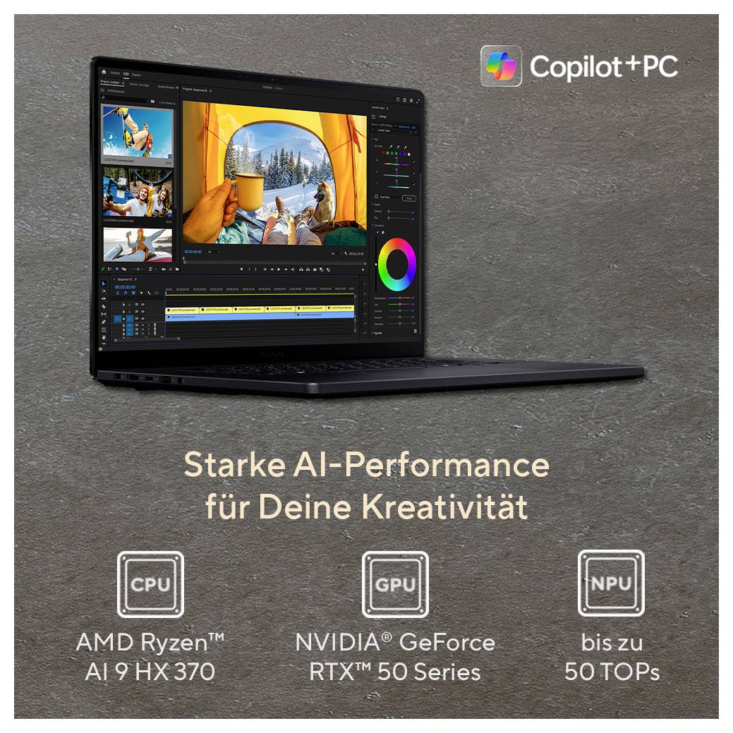 Ein Laptop, der Videobearbeitungssoftware anzeigt. Text lautet: 'Starke AI-Performance für Deine Kreativität'. Funktionen umfassen AMD Ryzen AI 9 HX 370, NVIDIA GeForce RTX™ 50 Series sowie bis zu 50 TOPs.