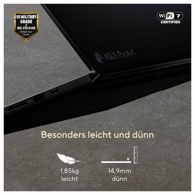 ASUS ProArt Laptop teilweise geschlossen, wobei sein schlankes und leichtes Design mit beschrifteten Maßen von 1,85 kg Gewicht und 14,9 mm Dicke hervorgehoben wird.