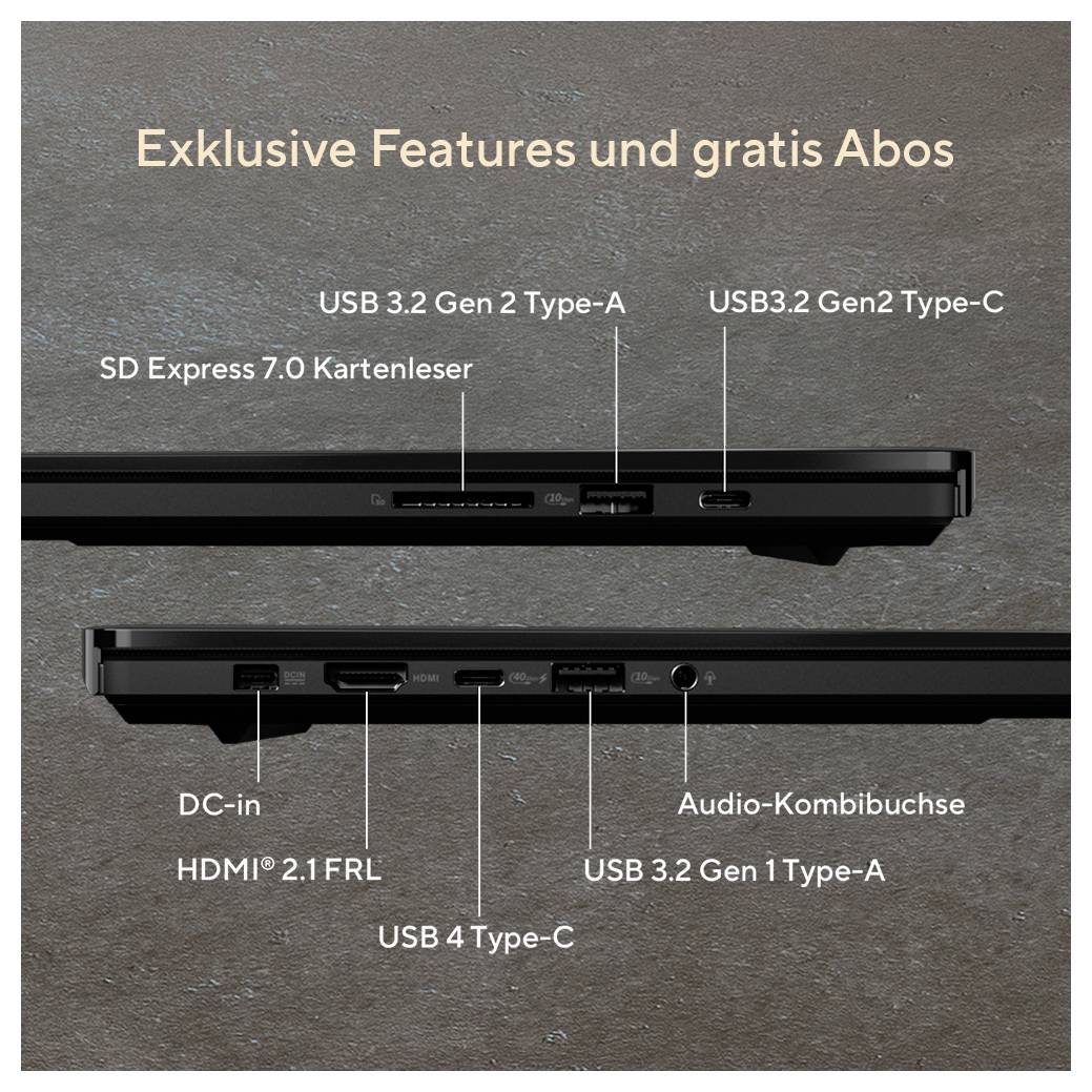 Exklusive Features und gratis Abos<br><br>[Darstellung mit zwei Laptop-Seiten, die folgende Anschlüsse zeigen:<br>- SD-Kartenslot<br>- HDMI<br>- USB 3.2 Gen 2<br>- USB 4 Typ-C<br>- Audioeingang (Kopfhörerbuchse)
