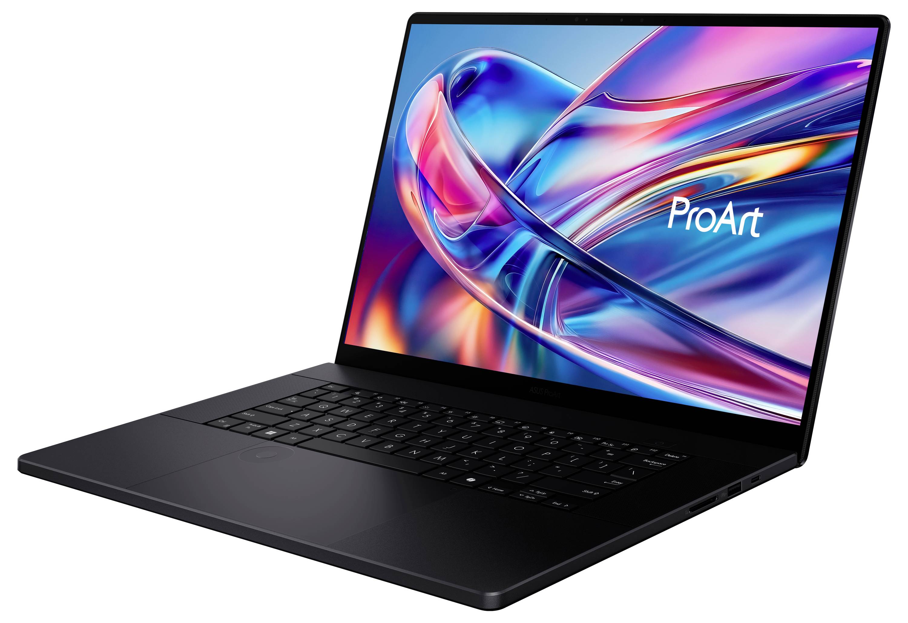 Ein schlanker, offener Laptop mit einem leuchtenden Display, das abstrakte digitale Kunst und das Wort "ProArt" zeigt, was darauf hindeutet, dass er ideal für kreative Arbeit ist.