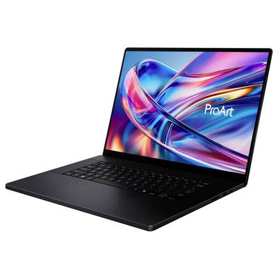 Ein schlanker, offener Laptop mit einem leuchtenden Display, das abstrakte digitale Kunst und das Wort "ProArt" zeigt, was darauf hindeutet, dass er ideal für kreative Arbeit ist.