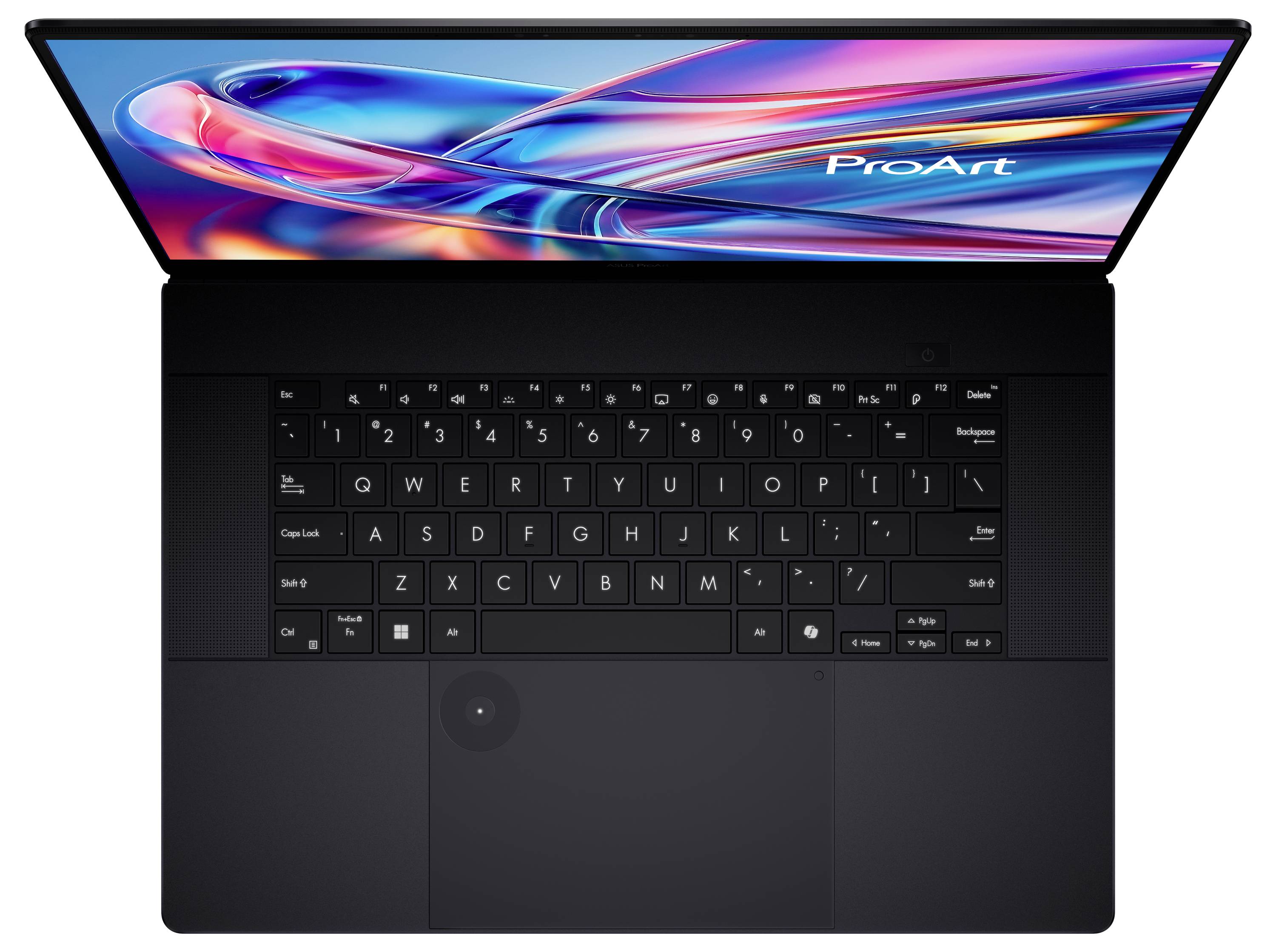 Ein schlanker, geöffneter Laptop mit einem lebendigen Bildschirm, der abstrakte Farben und das Wort "ProArt" zeigt. Die Tastatur ist schwarz mit sichtbaren Tasten.