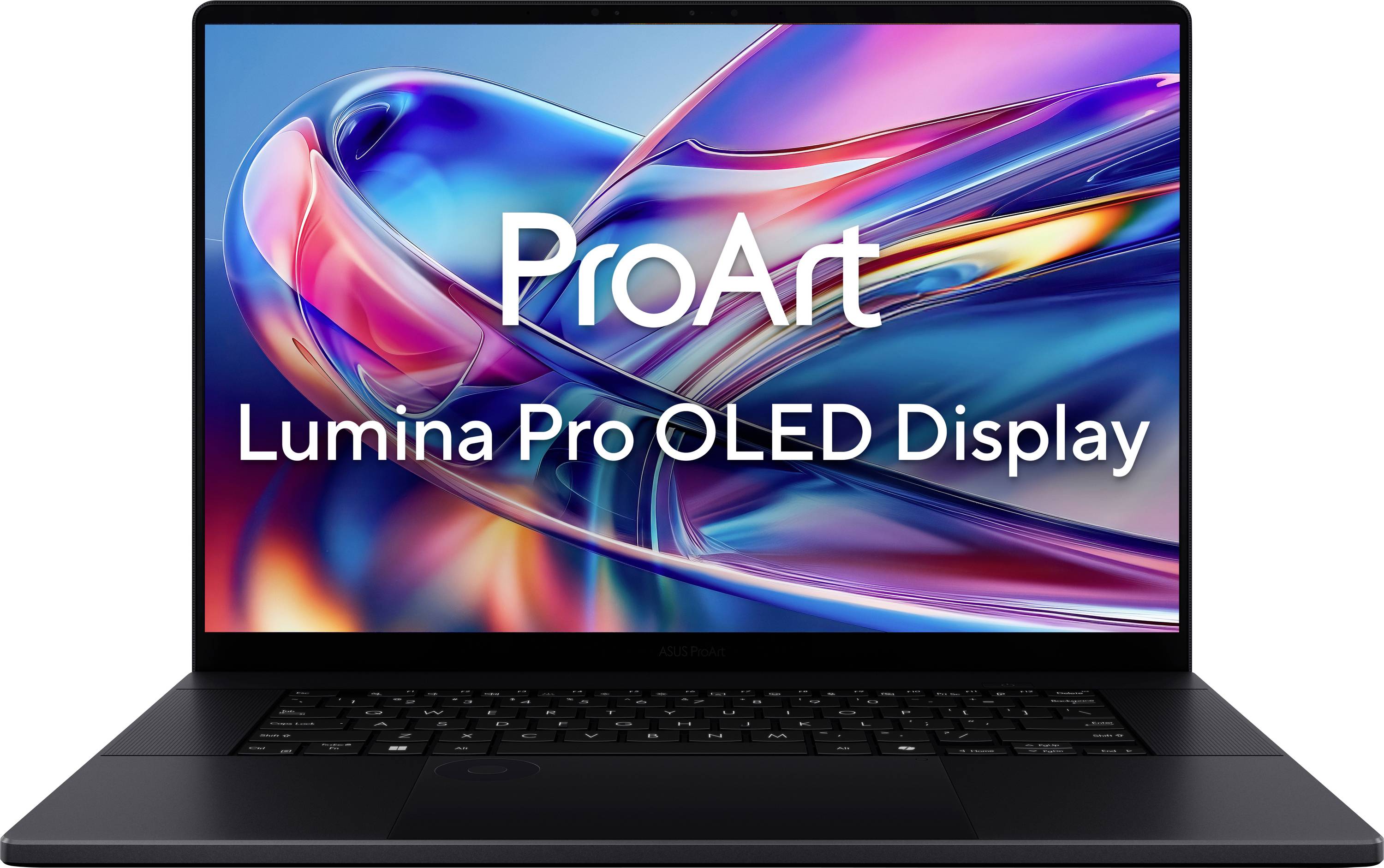 Laptop mit einem lebendigen OLED-Display, das abstrakte farbenfrohe Wirbel zeigt. Auf dem Bildschirm steht 'ProArt Lumina Pro OLED-Display'.