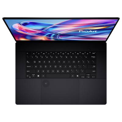 Ein Laptop aus der Draufsicht, dessen Bildschirm lebendige Farben und den 'ProArt' Text zeigt. Unterhalb des Bildschirms ist die Tastatur sichtbar.