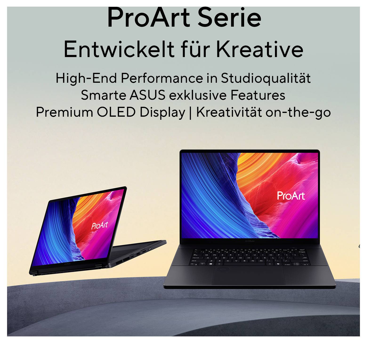 Laptops mit leuchtenden Bildschirmen, die ‚ProArt' zeigen. Text: ‚ProArt Serie Entwickelt für Kreative. High-End Performance in Studioqualität.'