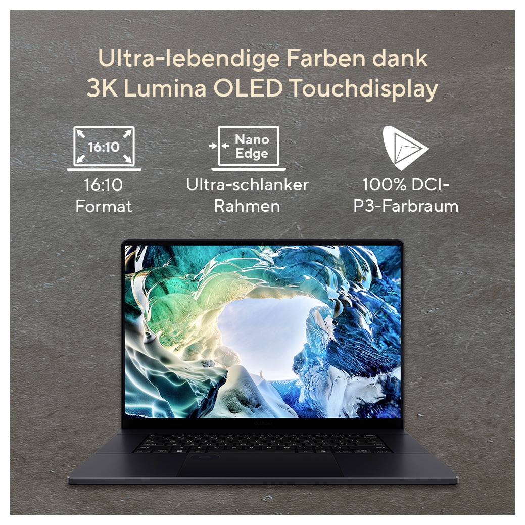 Laptop mit leuchtenden Farben auf dem Bildschirm, beschriftete Merkmale: '3K Lumina OLED-Touchdisplay', '16:10 Format', 'Ultra-schlanker Rahmen', '100% DCI-P3-Farbraum'.