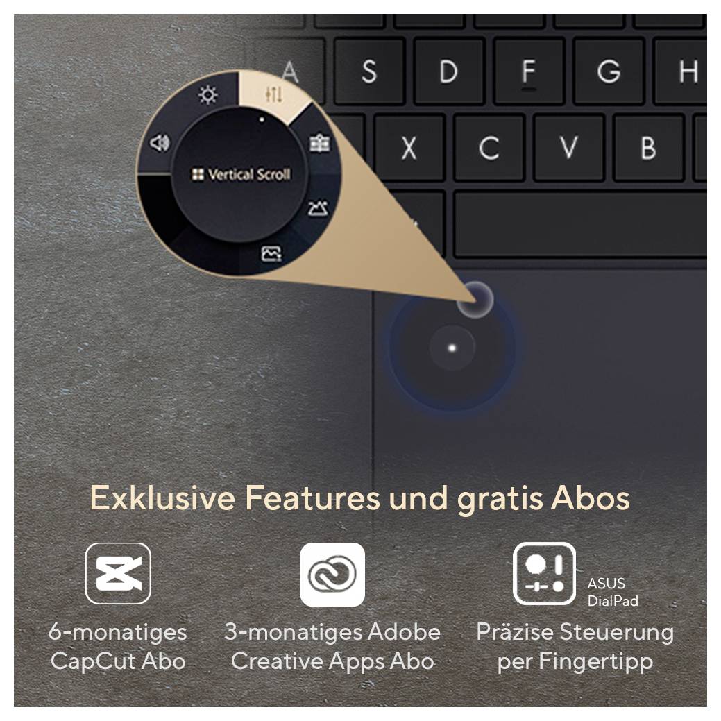 Nahaufnahme eines Laptop-Touchpads mit dem Menü 'Vertikales Scrollen'. Text darunter hebt exklusive Funktionen und kostenlose Testabonnements hervor, einschließlich CapCut und Adobe Creative Apps.
