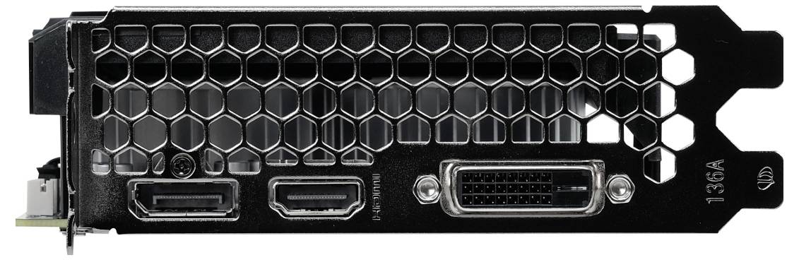 Das Bild zeigt die Rückseite einer Grafikkarte mit einem HDMI-, einem DisplayPort- und einem DVI-Anschluss.