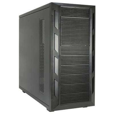 Ein schwarzes Computergehäuse mit einem großen belüfteten Frontpanel, das klare Linien und ein minimalistisches Design aufweist und sich ideal zur Aufnahme von Computerkomponenten eignet.