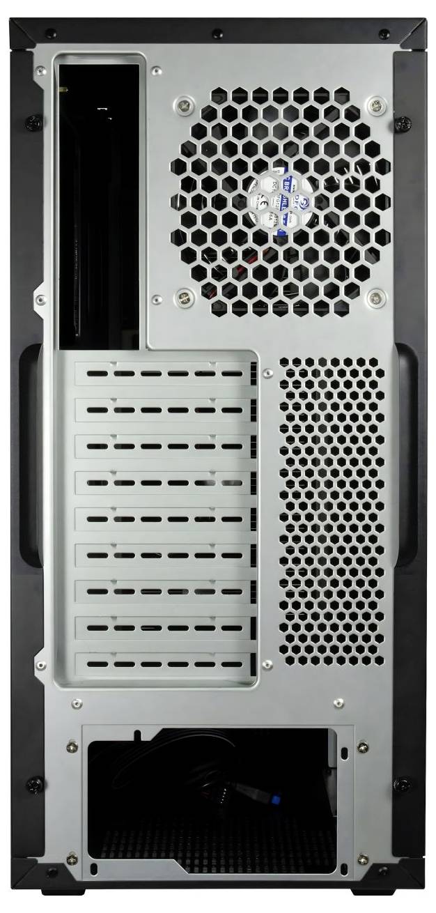 Die Rückansicht eines Computergehäuses mit mehreren Erweiterungssteckplätzen, einem Lüftungsschlitz und einer Öffnung für Ein-/Ausgabeports am unteren Rand.