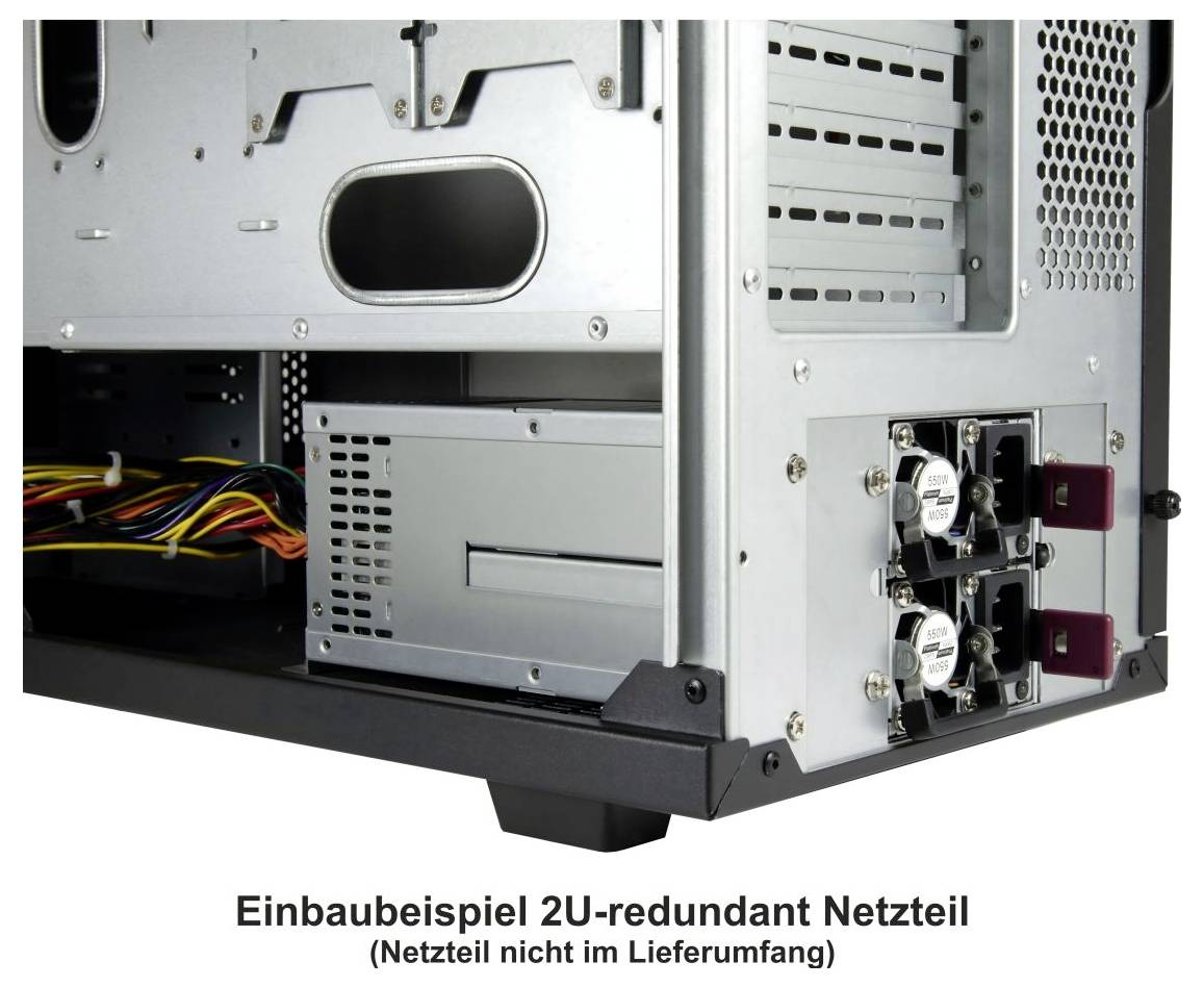 Das Bild zeigt ein redundantes 2U-Netzteil, das in einem Servergehäuse installiert ist. Kabel sind auf der linken Seite angeschlossen. Der Text lautet: "Einbaubeispiel 2U-redundant Netzteil (Netzteil nicht im Lieferumfang)".
