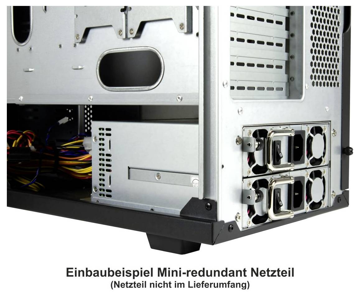 Ein teilweise geöffnetes Computergehäuse, das ein Mini-redundantes Netzteil installiert zeigt. Text darunter liest sich: 'Einbaubeispiel Mini-redundantes Netzteil.'